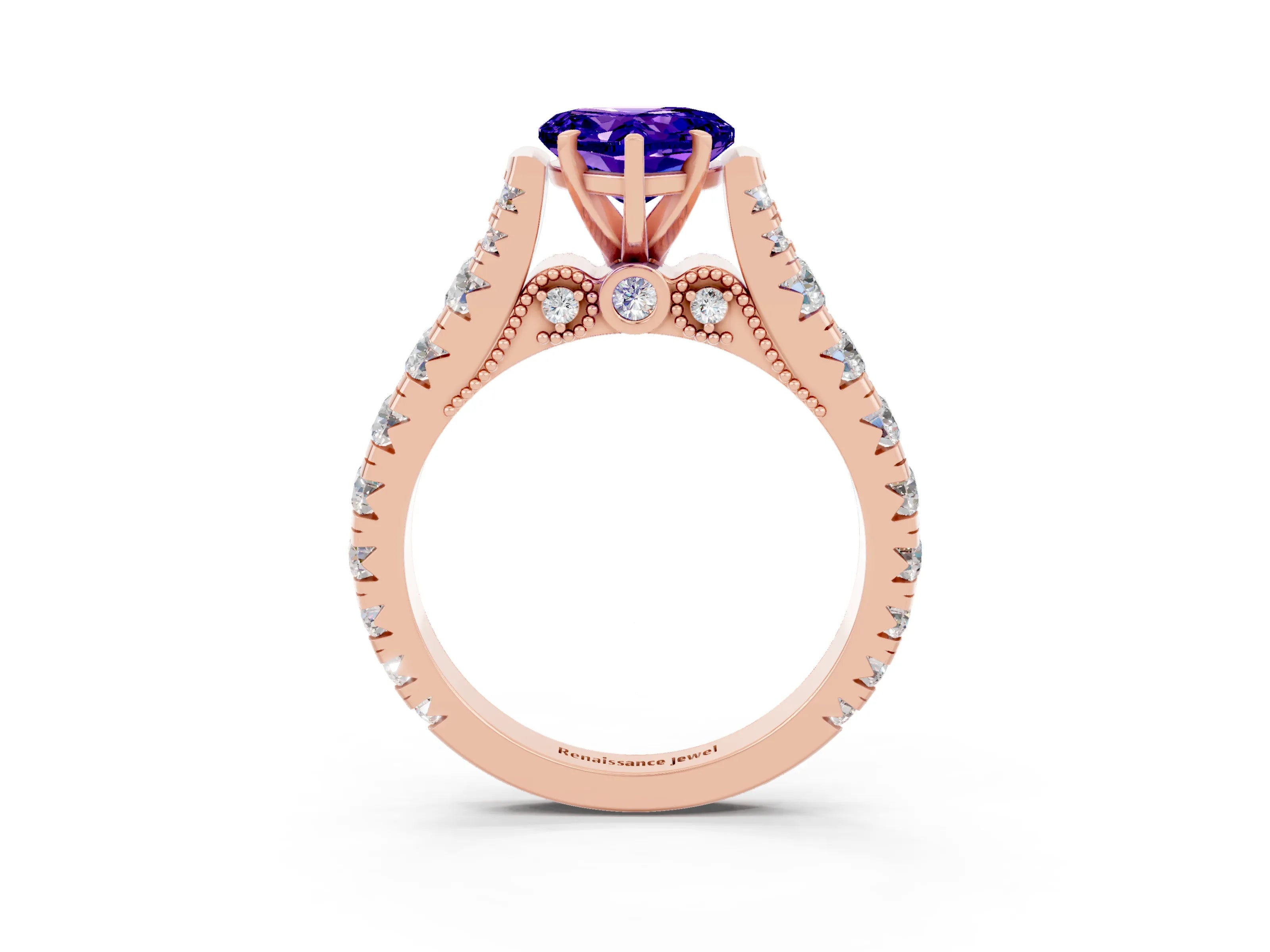Rose gold Heart Cut Tanzanite Classic Solitaire Ring with Pavé Band and Four-Prong Setting_3