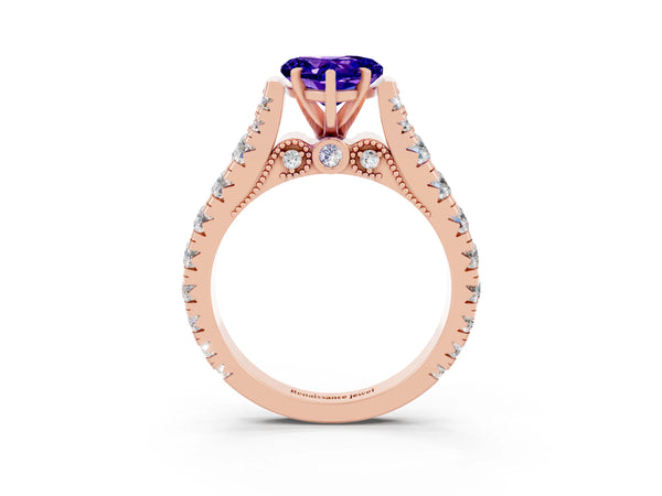 Rose gold Heart Cut Tanzanite Classic Solitaire Ring with Pavé Band and Four-Prong Setting