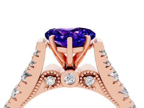 Rose gold Heart Cut Tanzanite Classic Solitaire Ring with Pavé Band and Four-Prong Setting_4