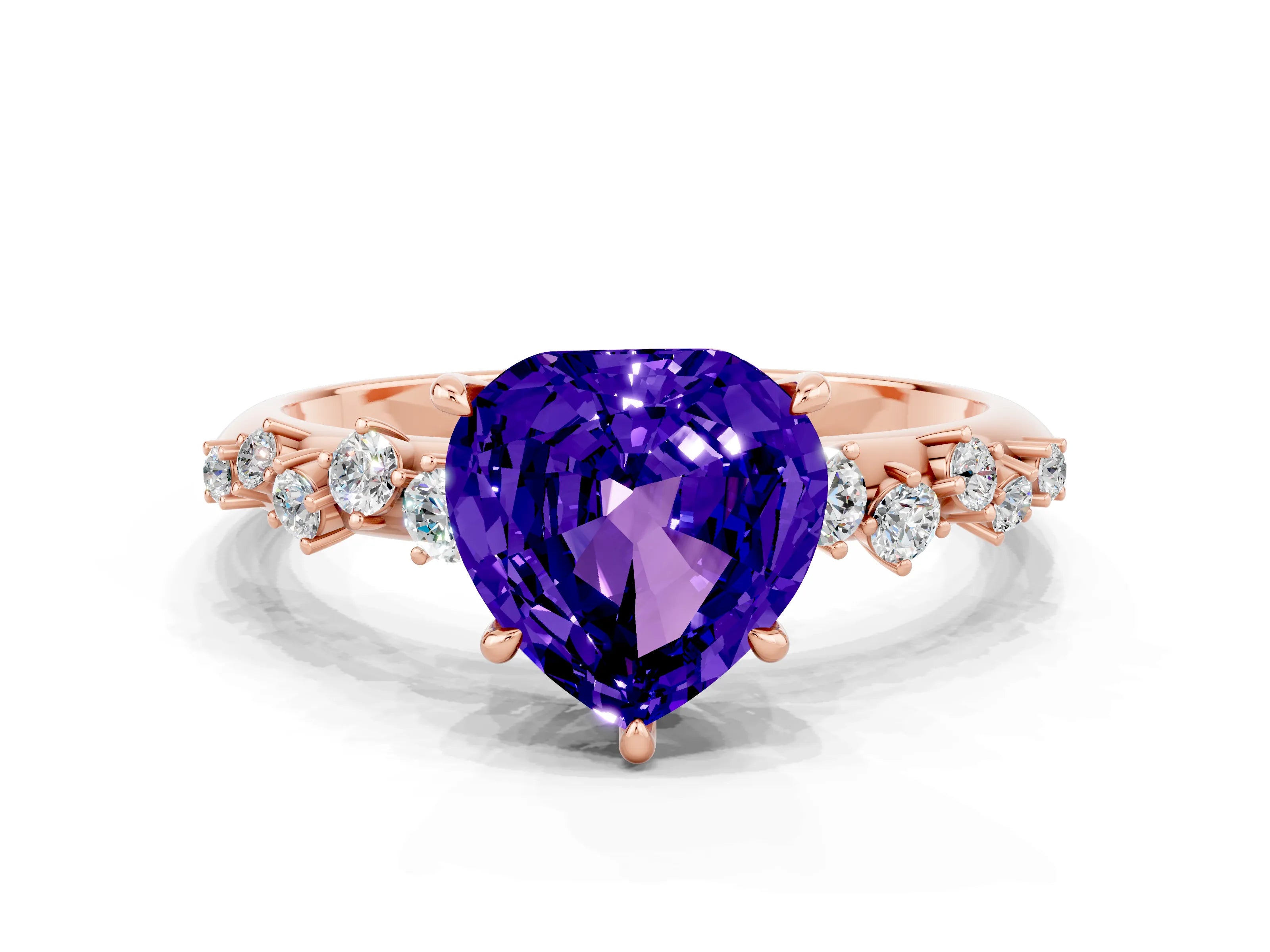 Rose gold Heart Cut Tanzanite Cluster Side Stone Solitaire Ring with Prong Setting_25