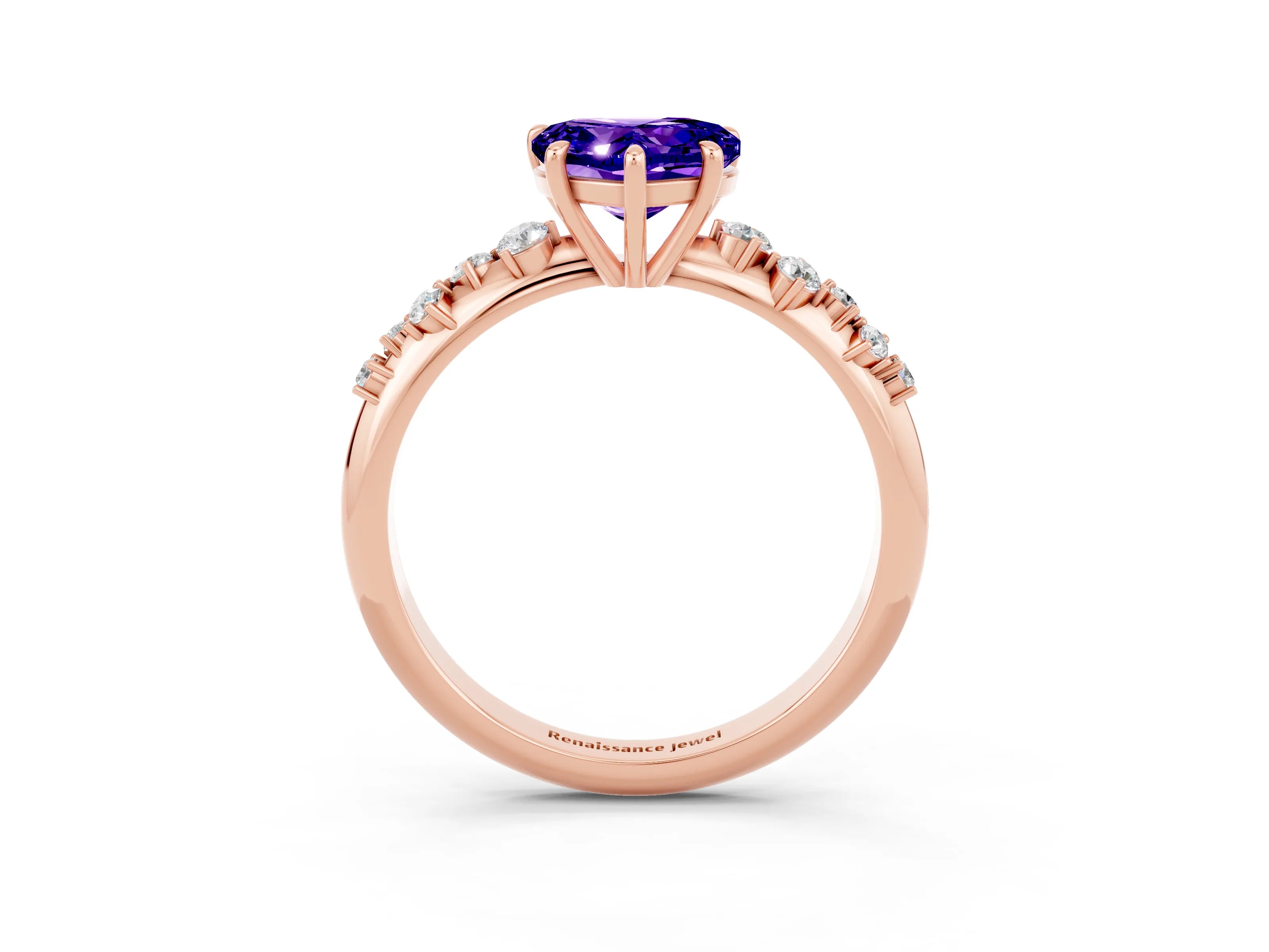 Rose gold Heart Cut Tanzanite Cluster Side Stone Solitaire Ring with Prong Setting_28
