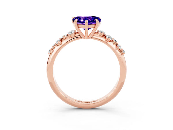 Rose gold Heart Cut Tanzanite Cluster Side Stone Solitaire Ring with Prong Setting