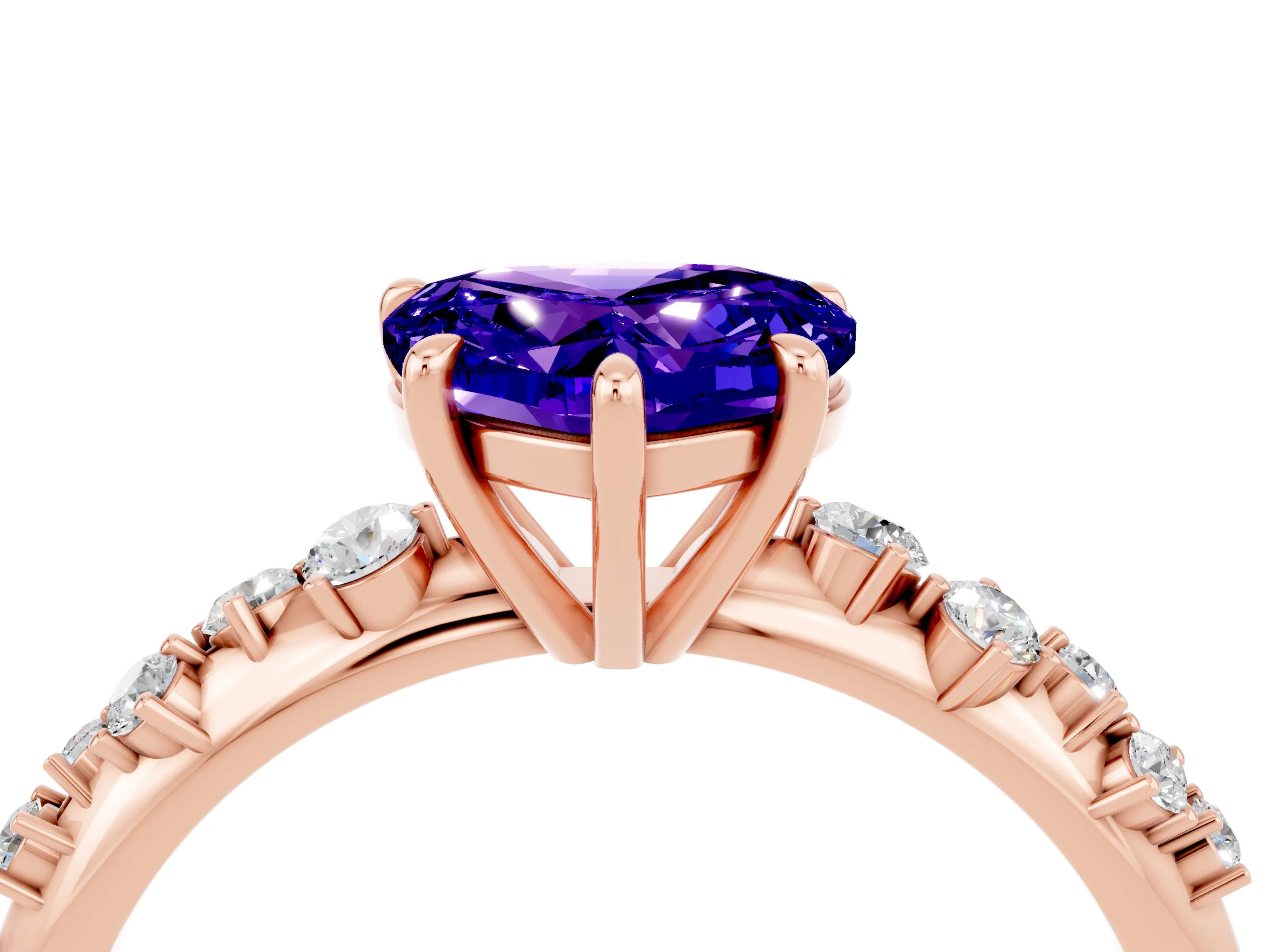 Rose gold Heart Cut Tanzanite Cluster Side Stone Solitaire Ring with Prong Setting_29