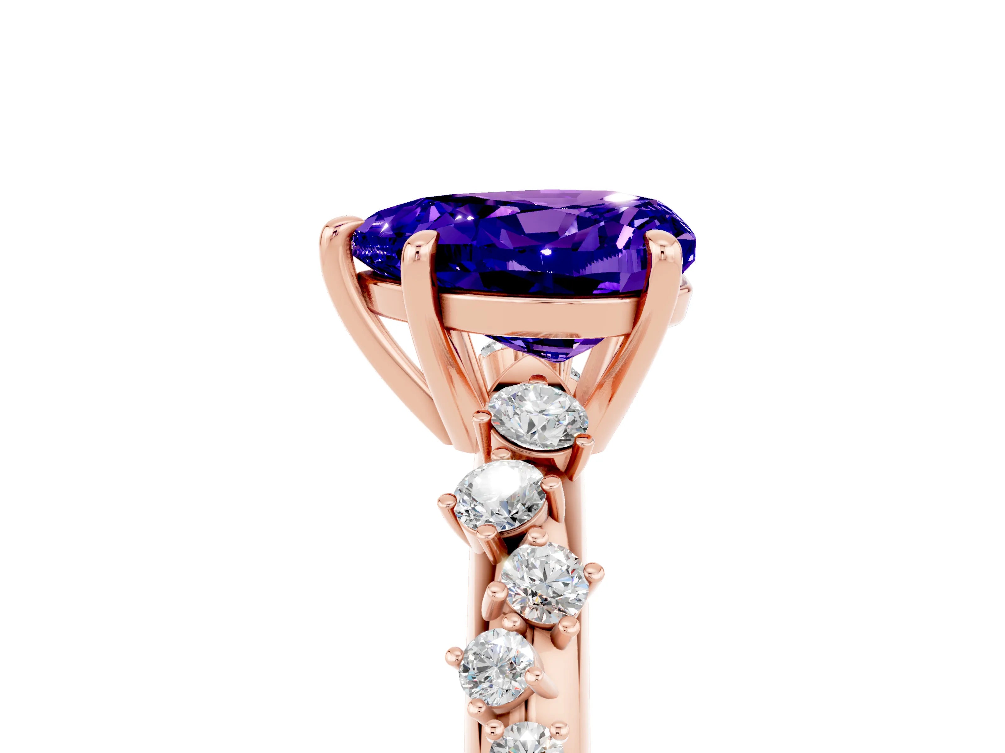 Rose gold Heart Cut Tanzanite Cluster Side Stone Solitaire Ring with Prong Setting_30