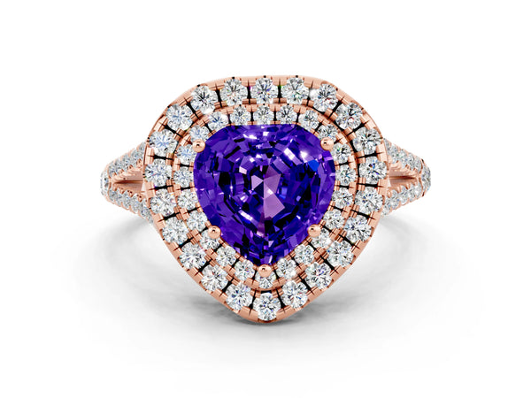 Rose gold Heart Cut Tanzanite Double Halo Ring with Pavé Band and Prong Setting
