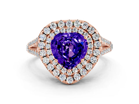 Rose gold Heart Cut Tanzanite Double Halo Ring with Pavé Band and Prong Setting_12