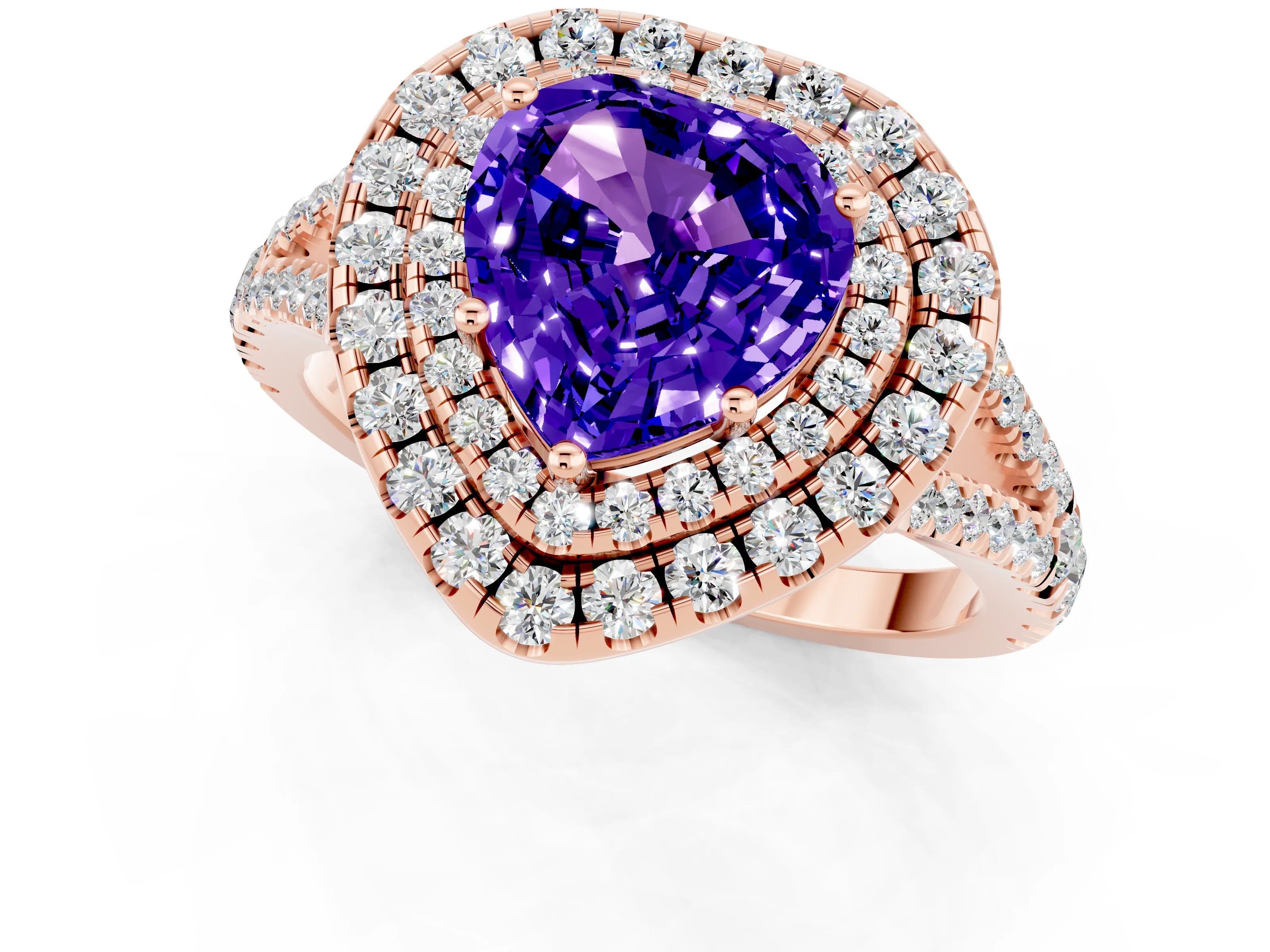 Rose gold Heart Cut Tanzanite Double Halo Ring with Pavé Band and Prong Setting_13
