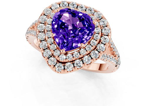 Rose gold Heart Cut Tanzanite Double Halo Ring with Pavé Band and Prong Setting_13