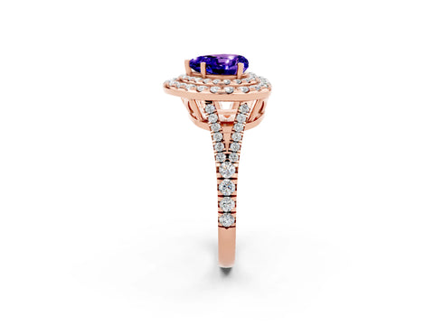 Rose gold Heart Cut Tanzanite Double Halo Ring with Pavé Band and Prong Setting_14