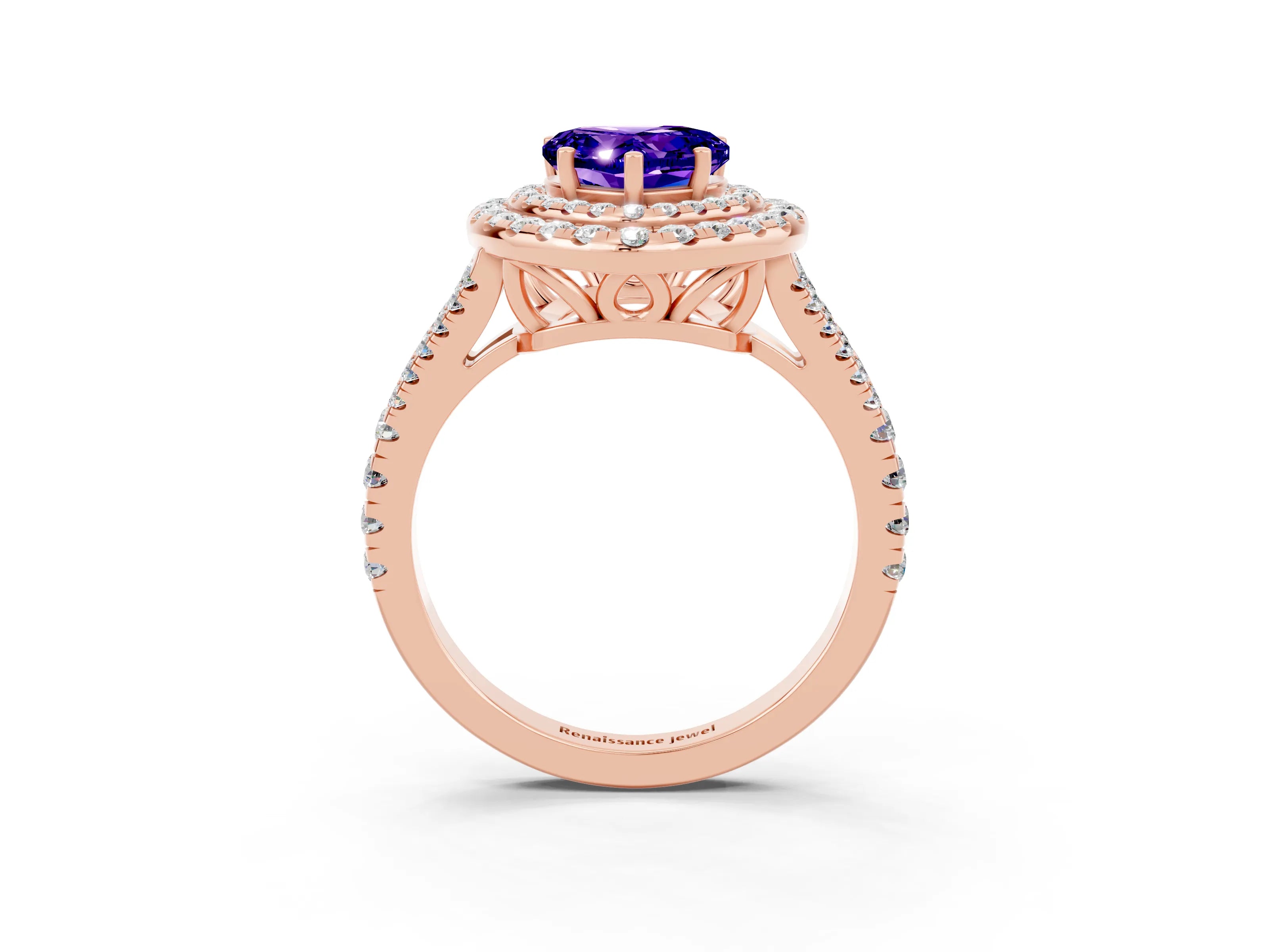 Rose gold Heart Cut Tanzanite Double Halo Ring with Pavé Band and Prong Setting_15