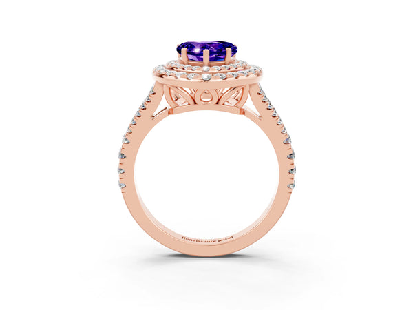 Rose gold Heart Cut Tanzanite Double Halo Ring with Pavé Band and Prong Setting