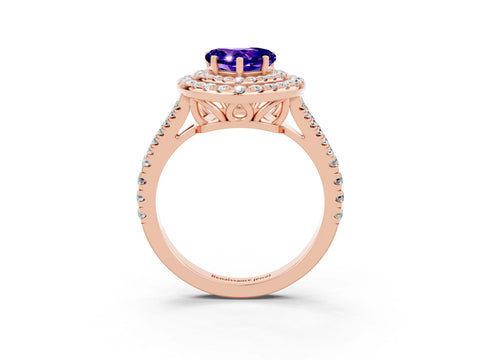 Rose gold Heart Cut Tanzanite Double Halo Ring with Pavé Band and Prong Setting_15