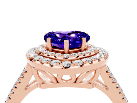 Rose gold Heart Cut Tanzanite Double Halo Ring with Pavé Band and Prong Setting_16