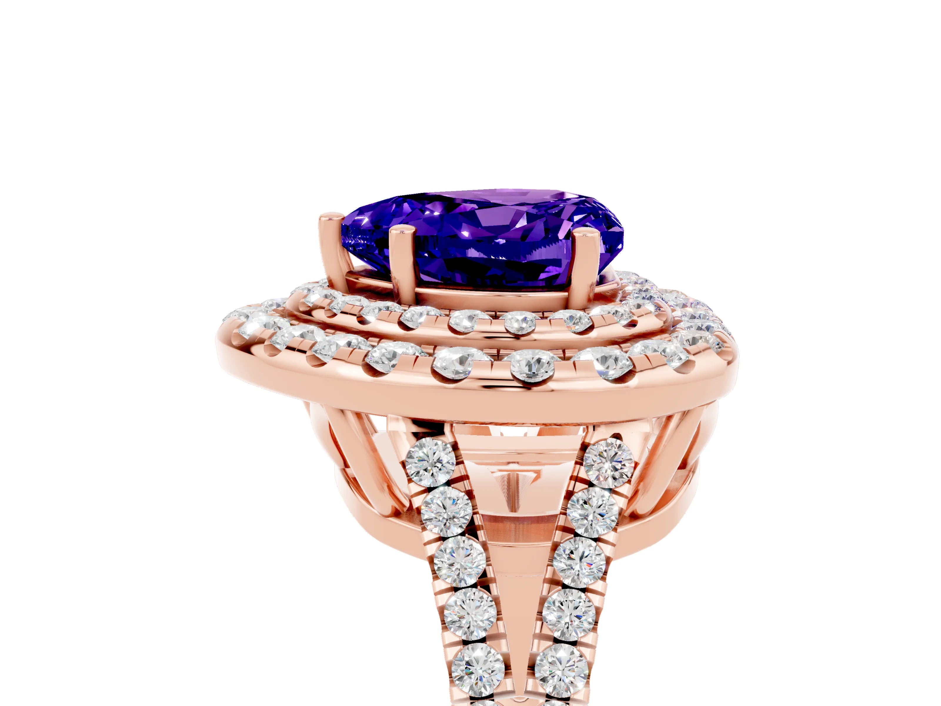 Rose gold Heart Cut Tanzanite Double Halo Ring with Pavé Band and Prong Setting_17