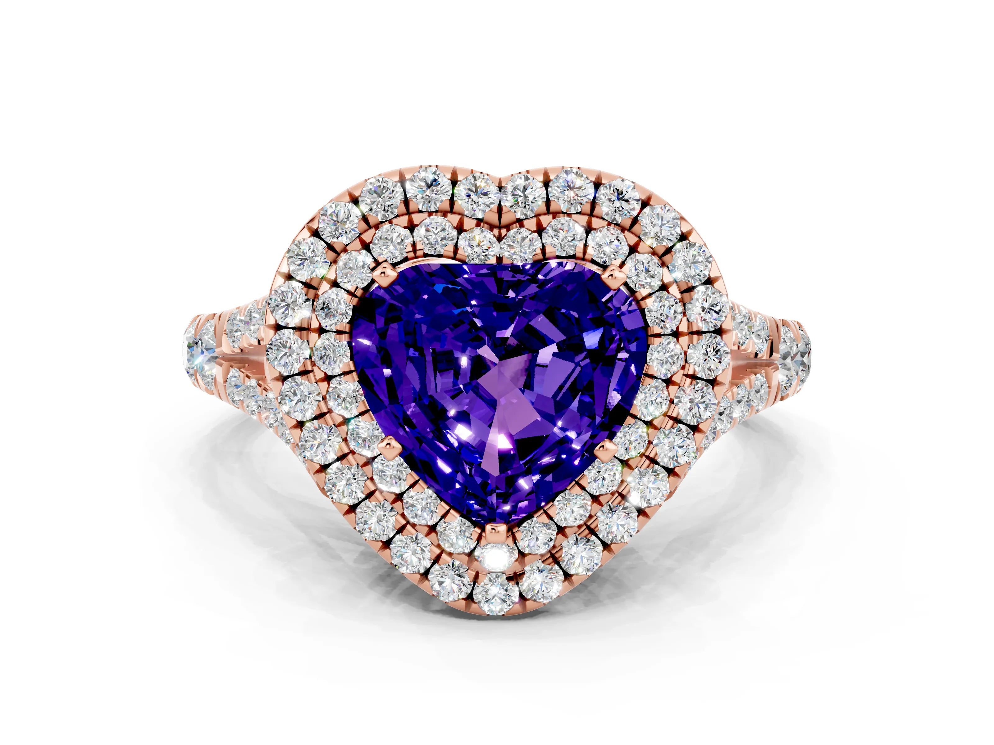 Rose gold Heart Cut Tanzanite Double Halo Ring with Split Shank and Prong Setting_12