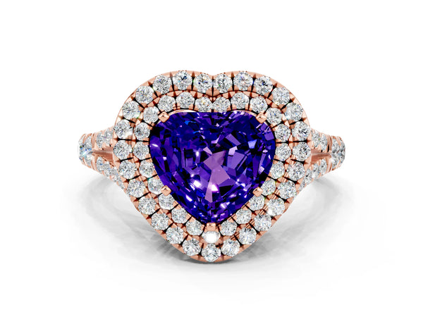 Rose gold Heart Cut Tanzanite Double Halo Ring with Split Shank and Prong Setting