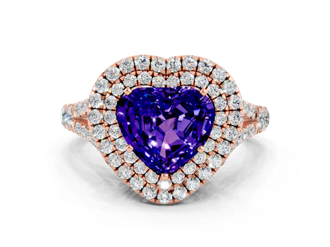 Rose gold Heart Cut Tanzanite Double Halo Ring with Split Shank and Prong Setting_12