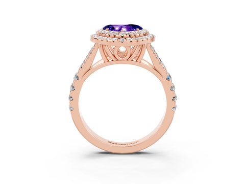 Rose gold Heart Cut Tanzanite Double Halo Ring with Split Shank and Prong Setting_15