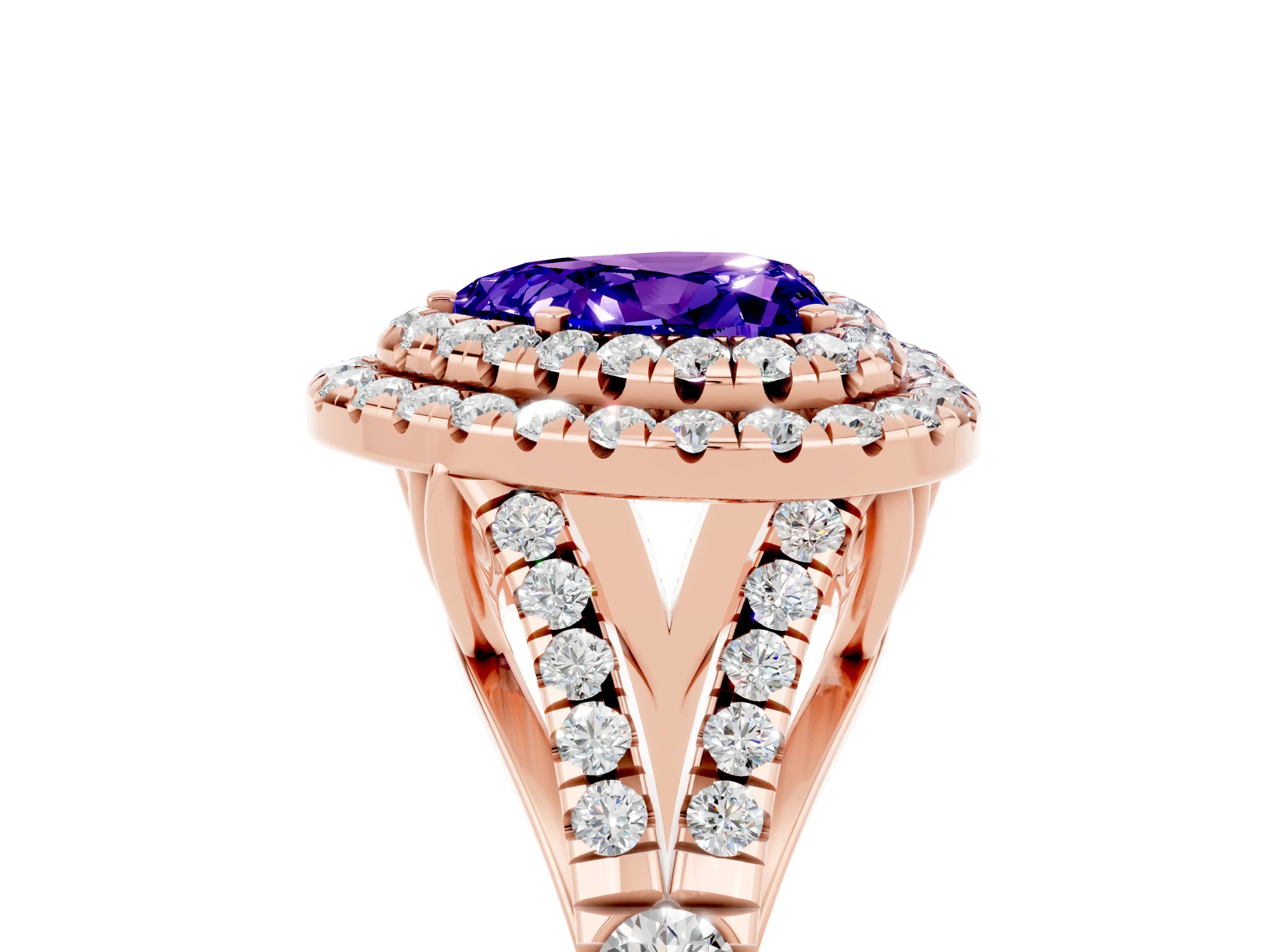 Rose gold Heart Cut Tanzanite Double Halo Ring with Split Shank and Prong Setting_17