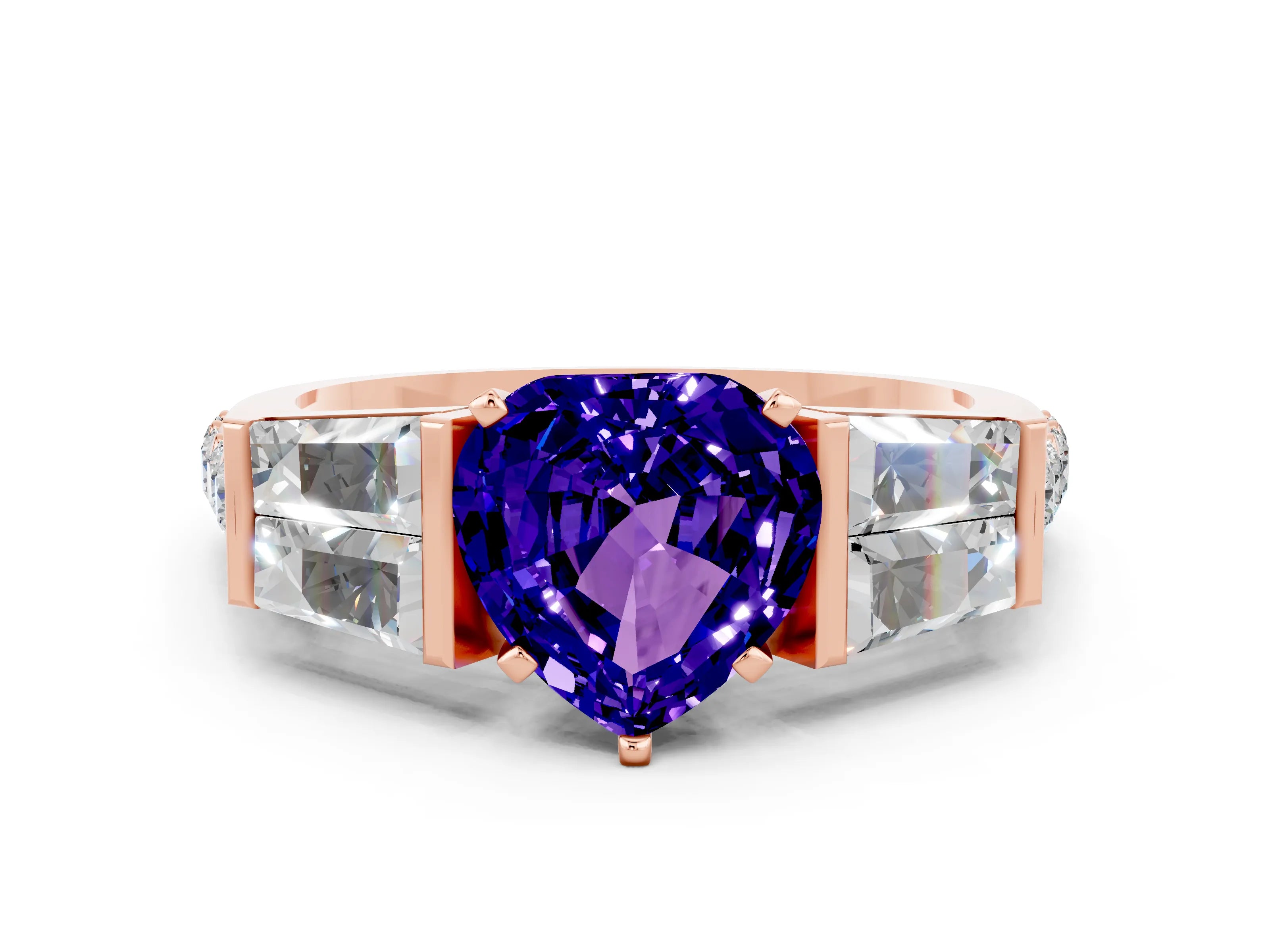 Rose gold Heart Cut Tanzanite Engagement Ring with Baguette Side Stones and Channel Set Band