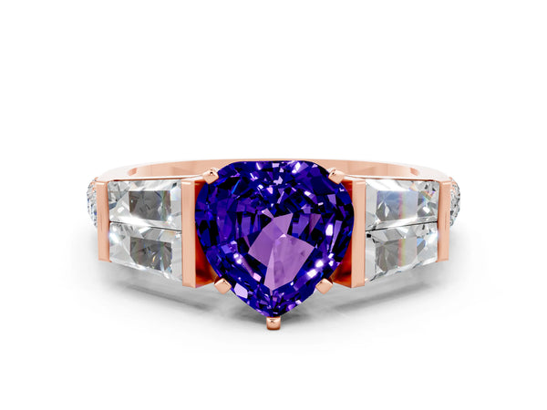 Rose gold Heart Cut Tanzanite Engagement Ring with Baguette Side Stones and Channel Set Band
