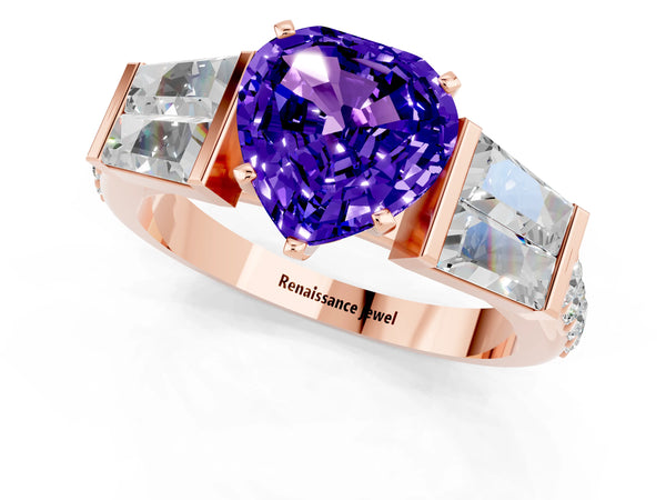 Rose gold Heart Cut Tanzanite Engagement Ring with Baguette Side Stones and Channel Set Band
