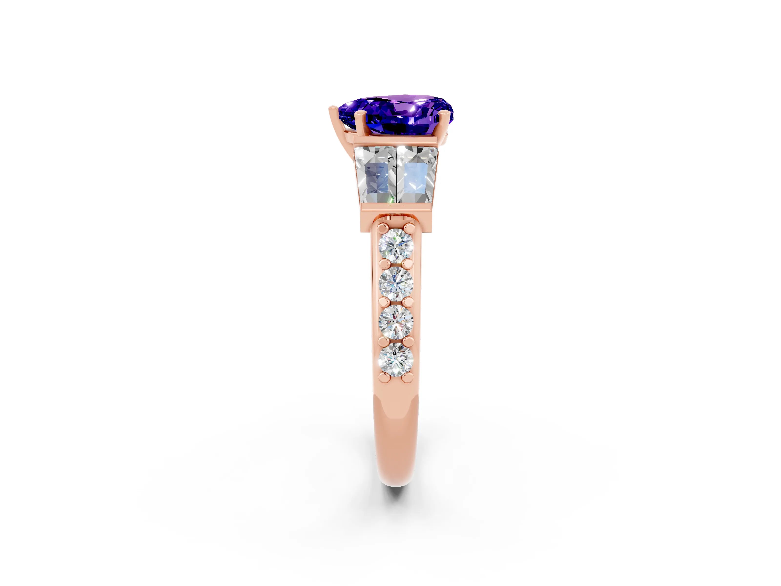 Rose gold Heart Cut Tanzanite Engagement Ring with Baguette Side Stones and Channel Set Band_2