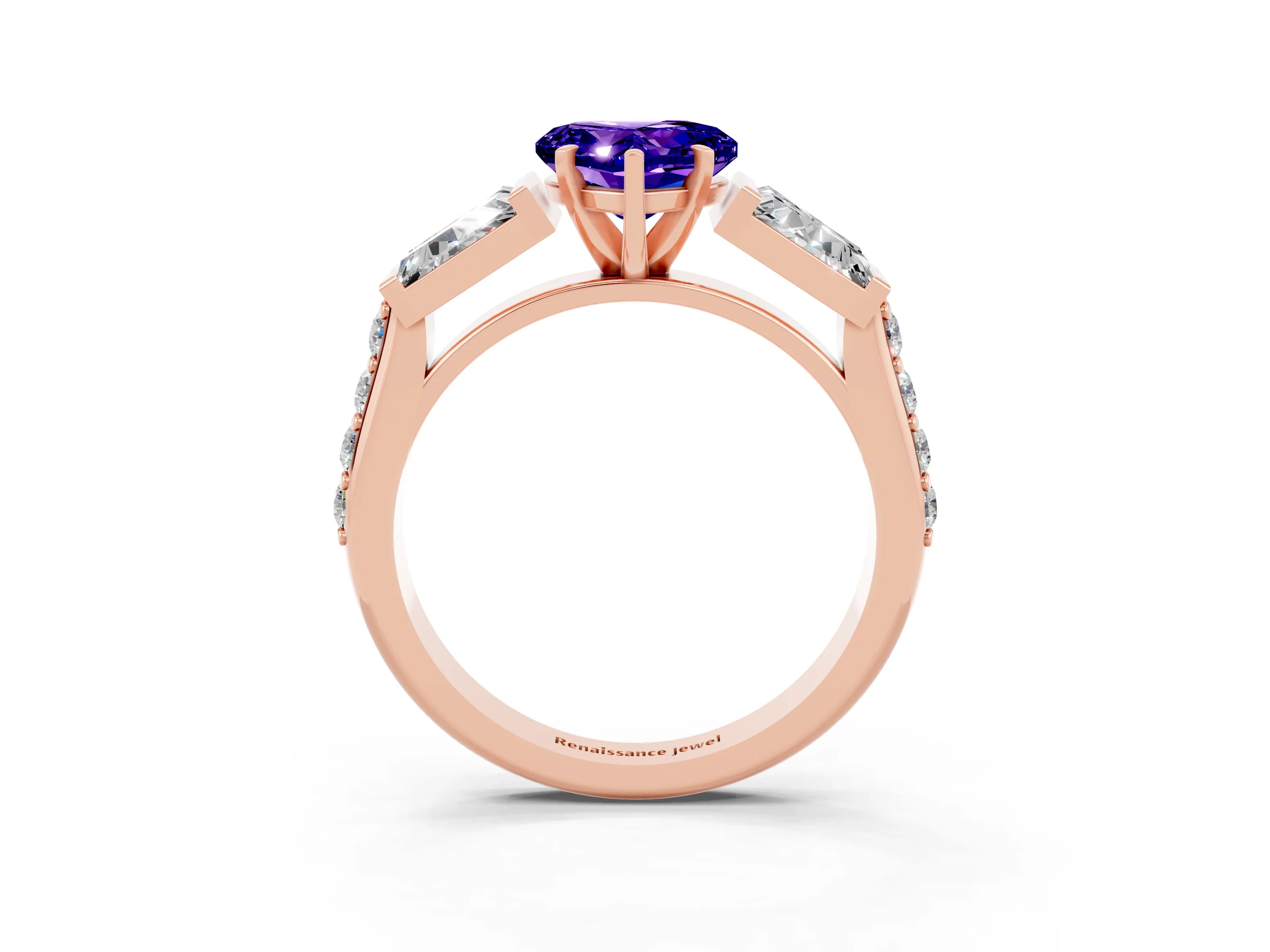 Rose gold Heart Cut Tanzanite Engagement Ring with Baguette Side Stones and Channel Set Band_3