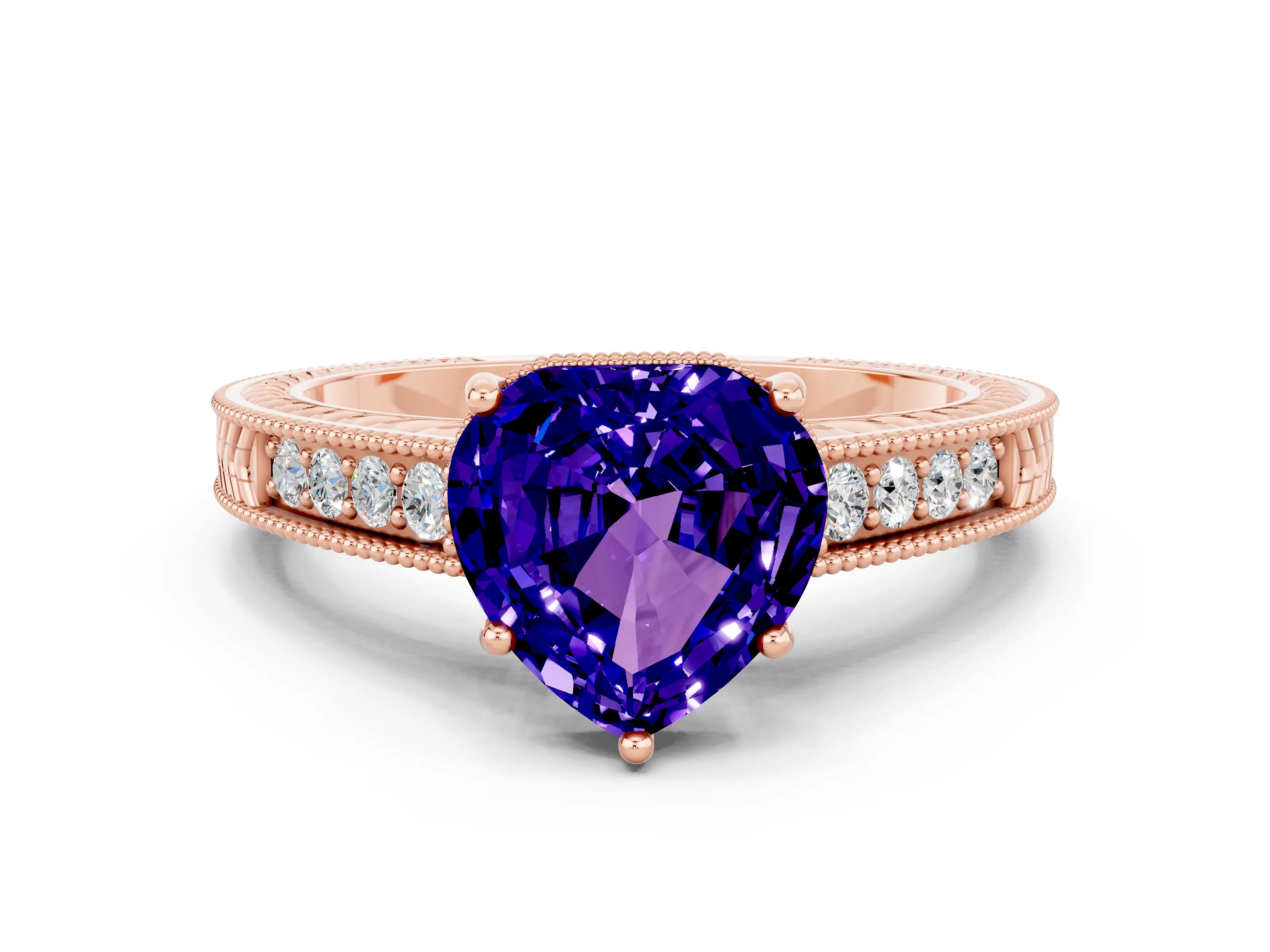 Rose gold Heart Cut Tanzanite Engagement Ring with Milgrain Channel Set Band and Prong Setting