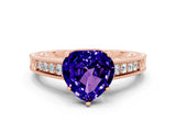Rose gold Heart Cut Tanzanite Engagement Ring with Milgrain Channel Set Band and Prong Setting