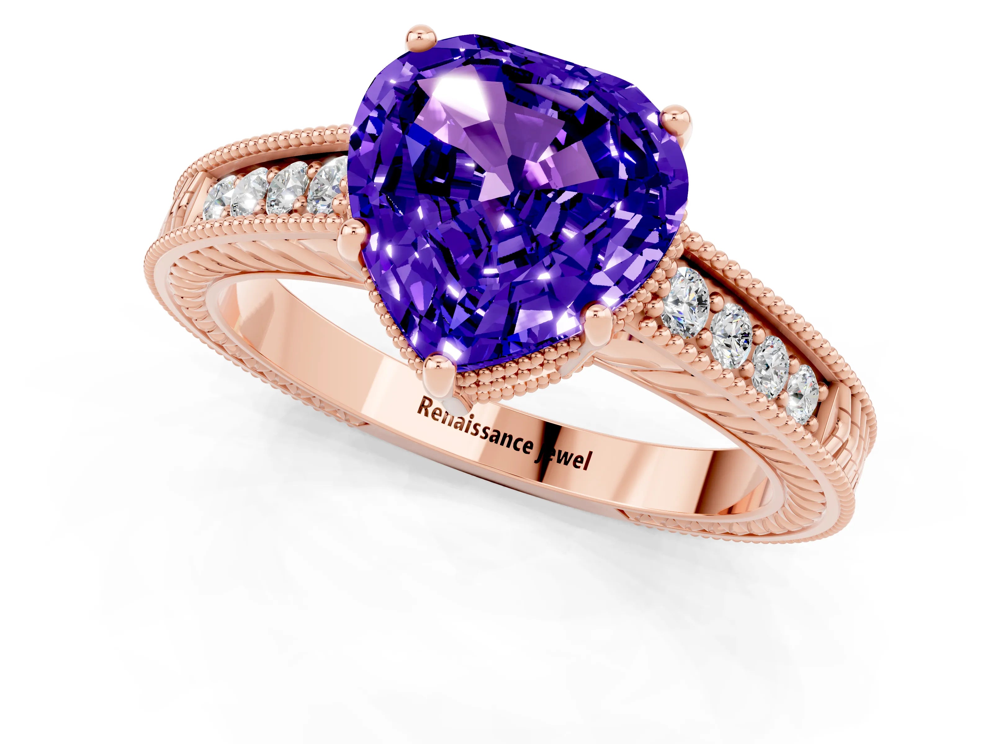 Rose gold Heart Cut Tanzanite Engagement Ring with Milgrain Channel Set Band and Prong Setting_1
