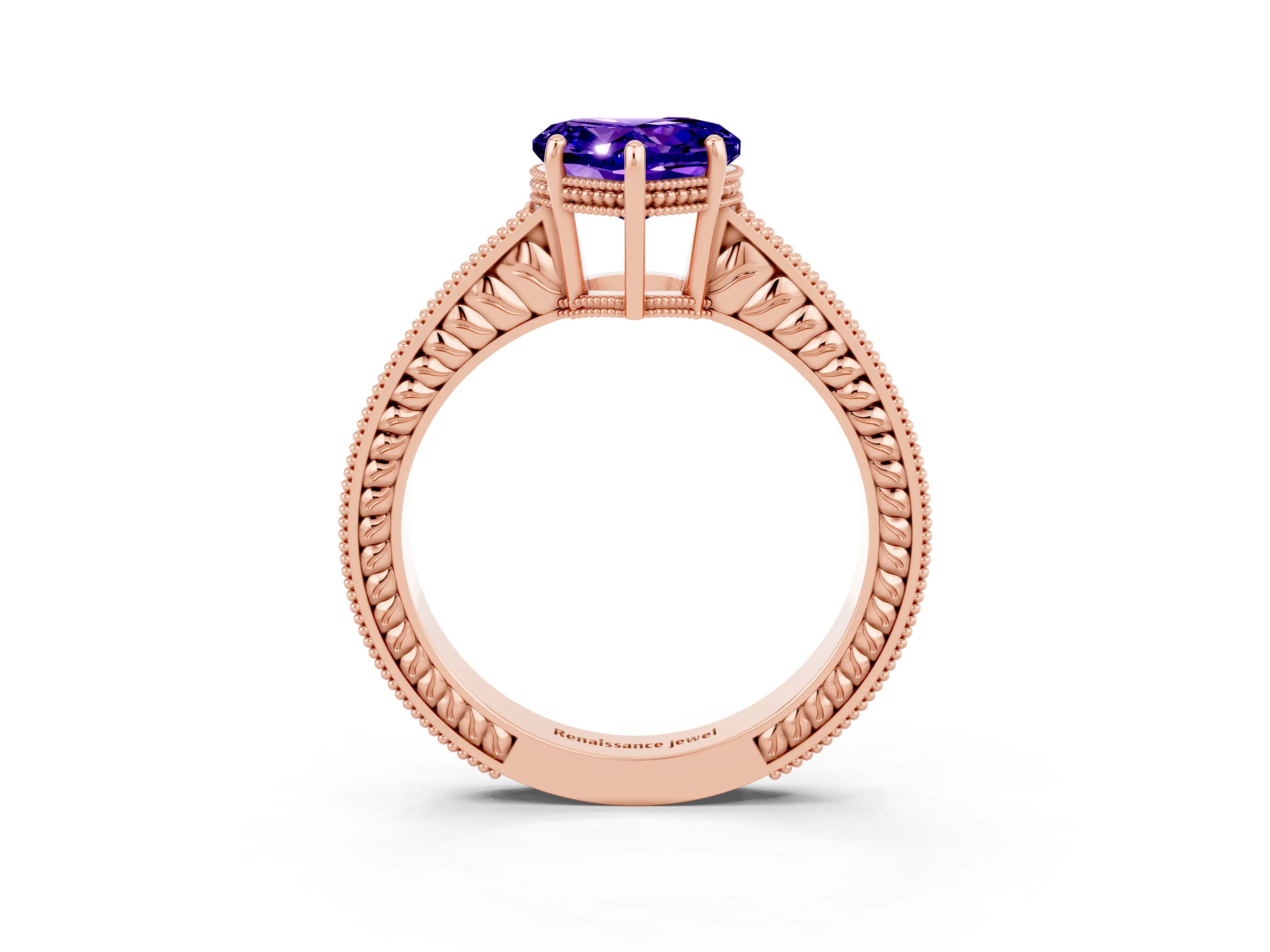 Rose gold Heart Cut Tanzanite Engagement Ring with Milgrain Channel Set Band and Prong Setting_3