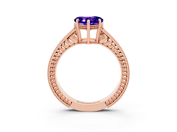 Rose gold Heart Cut Tanzanite Engagement Ring with Milgrain Channel Set Band and Prong Setting