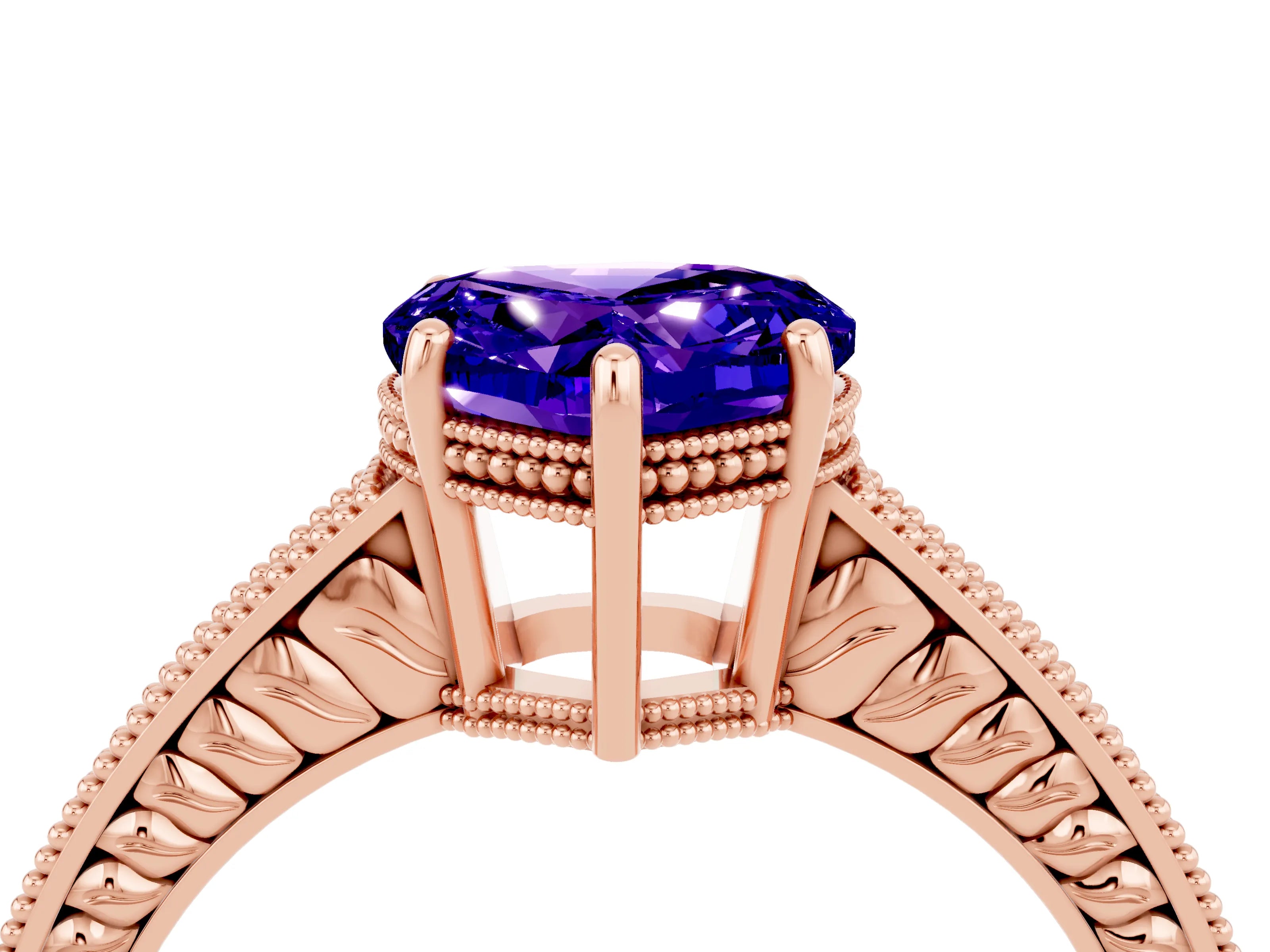 Rose gold Heart Cut Tanzanite Engagement Ring with Milgrain Channel Set Band and Prong Setting_4
