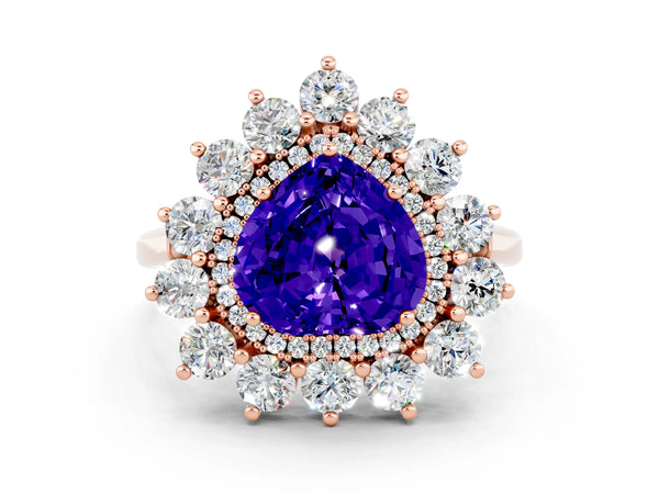Rose gold Heart Cut Tanzanite Floral Double Halo Engagement Ring with Prong Setting