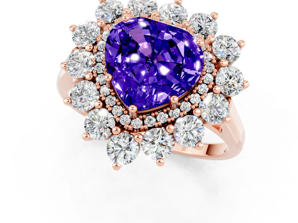 Rose gold Heart Cut Tanzanite Floral Double Halo Engagement Ring with Prong Setting