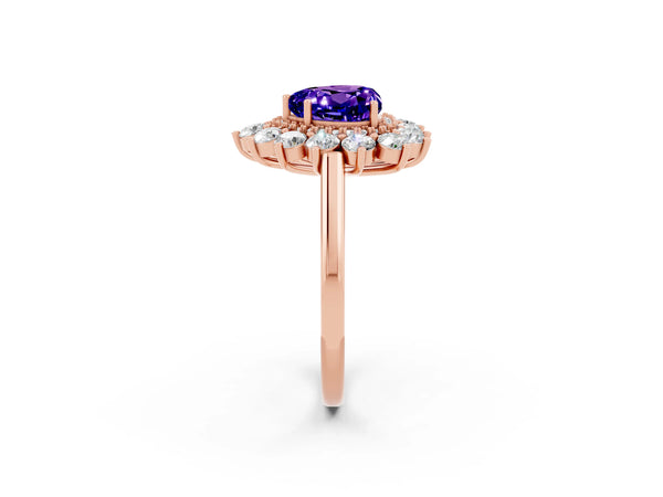 Rose gold Heart Cut Tanzanite Floral Double Halo Engagement Ring with Prong Setting