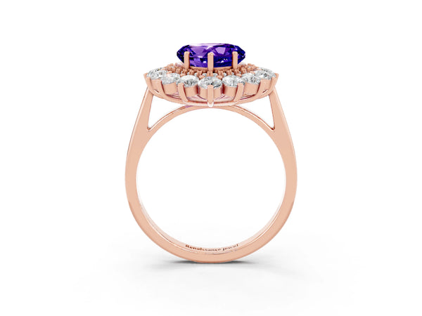 Rose gold Heart Cut Tanzanite Floral Double Halo Engagement Ring with Prong Setting