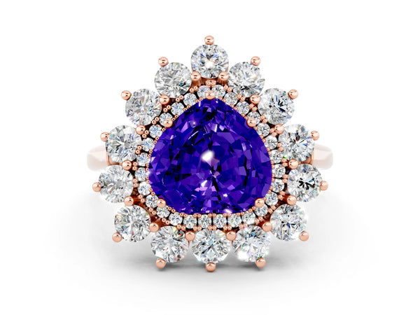 Rose gold Heart Cut Tanzanite Floral Double Halo Engagement Ring with Prong Setting