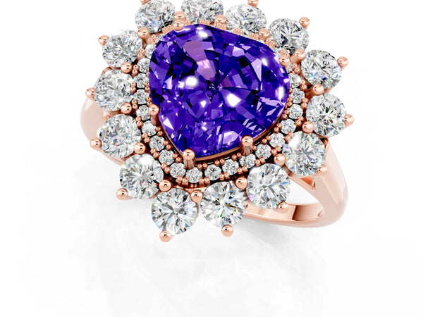 Rose gold Heart Cut Tanzanite Floral Double Halo Engagement Ring with Prong Setting