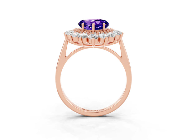 Rose gold Heart Cut Tanzanite Floral Double Halo Engagement Ring with Prong Setting