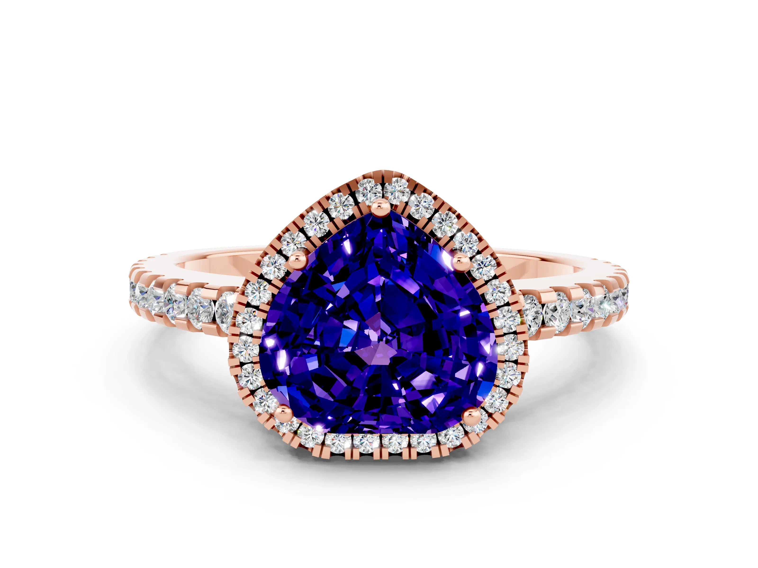 Rose gold Heart Cut Tanzanite Halo Engagement Ring with Pavé Band and Prong Setting_12
