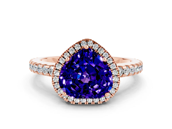 Rose gold Heart Cut Tanzanite Halo Engagement Ring with Pavé Band and Prong Setting