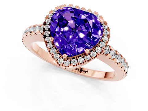 Rose gold Heart Cut Tanzanite Halo Engagement Ring with Pavé Band and Prong Setting_13
