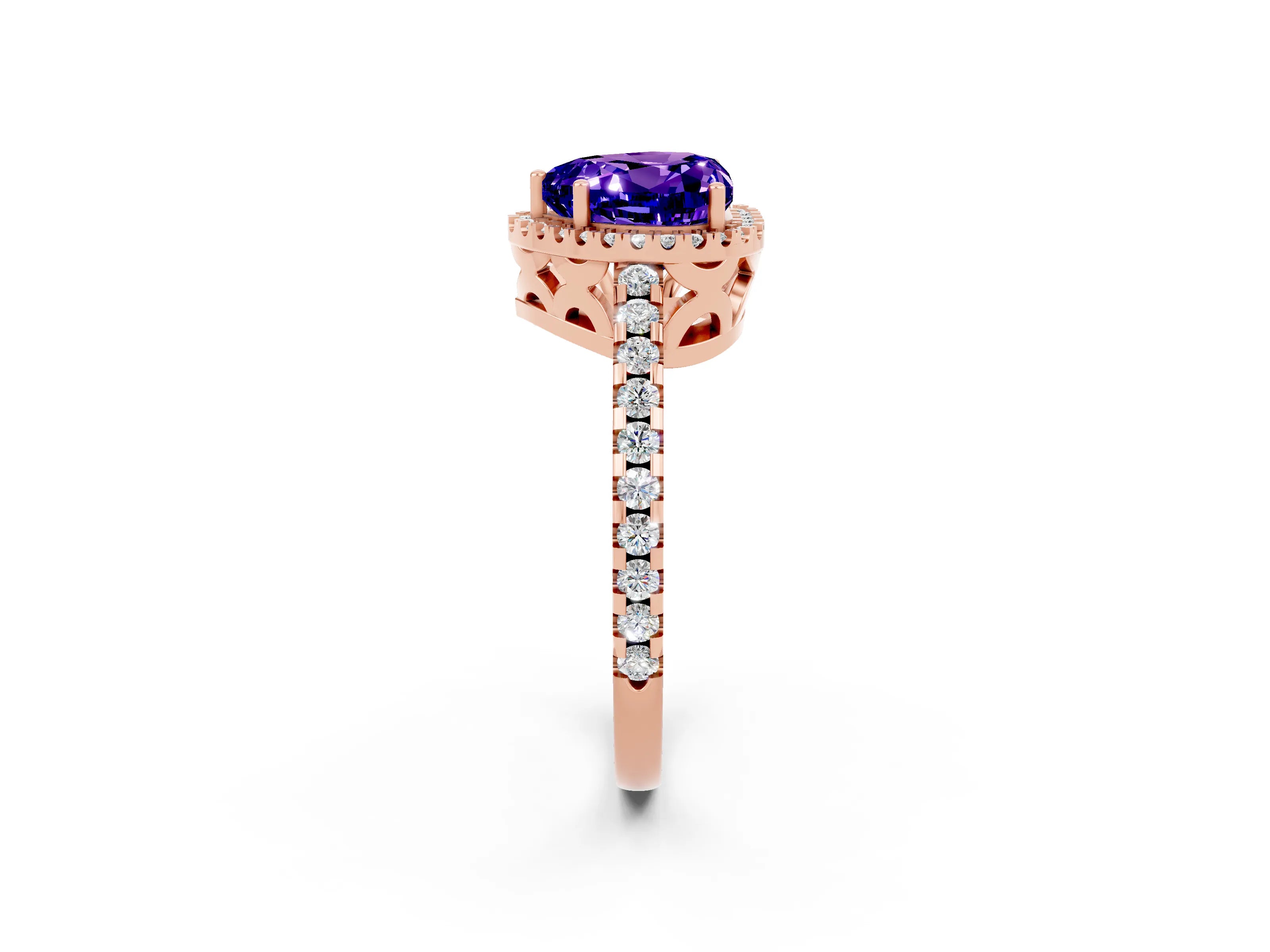 Rose gold Heart Cut Tanzanite Halo Engagement Ring with Pavé Band and Prong Setting_14