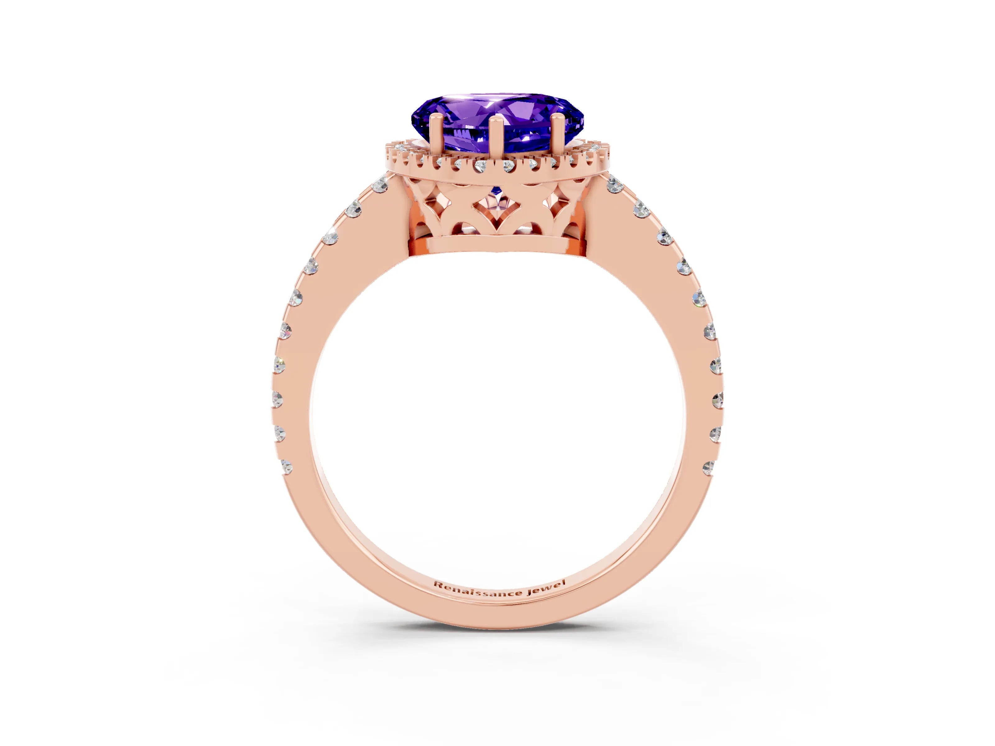 Rose gold Heart Cut Tanzanite Halo Engagement Ring with Pavé Band and Prong Setting_15