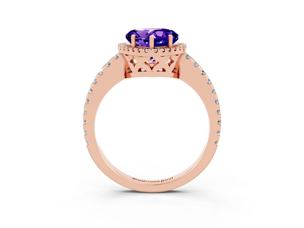 Rose gold Heart Cut Tanzanite Halo Engagement Ring with Pavé Band and Prong Setting