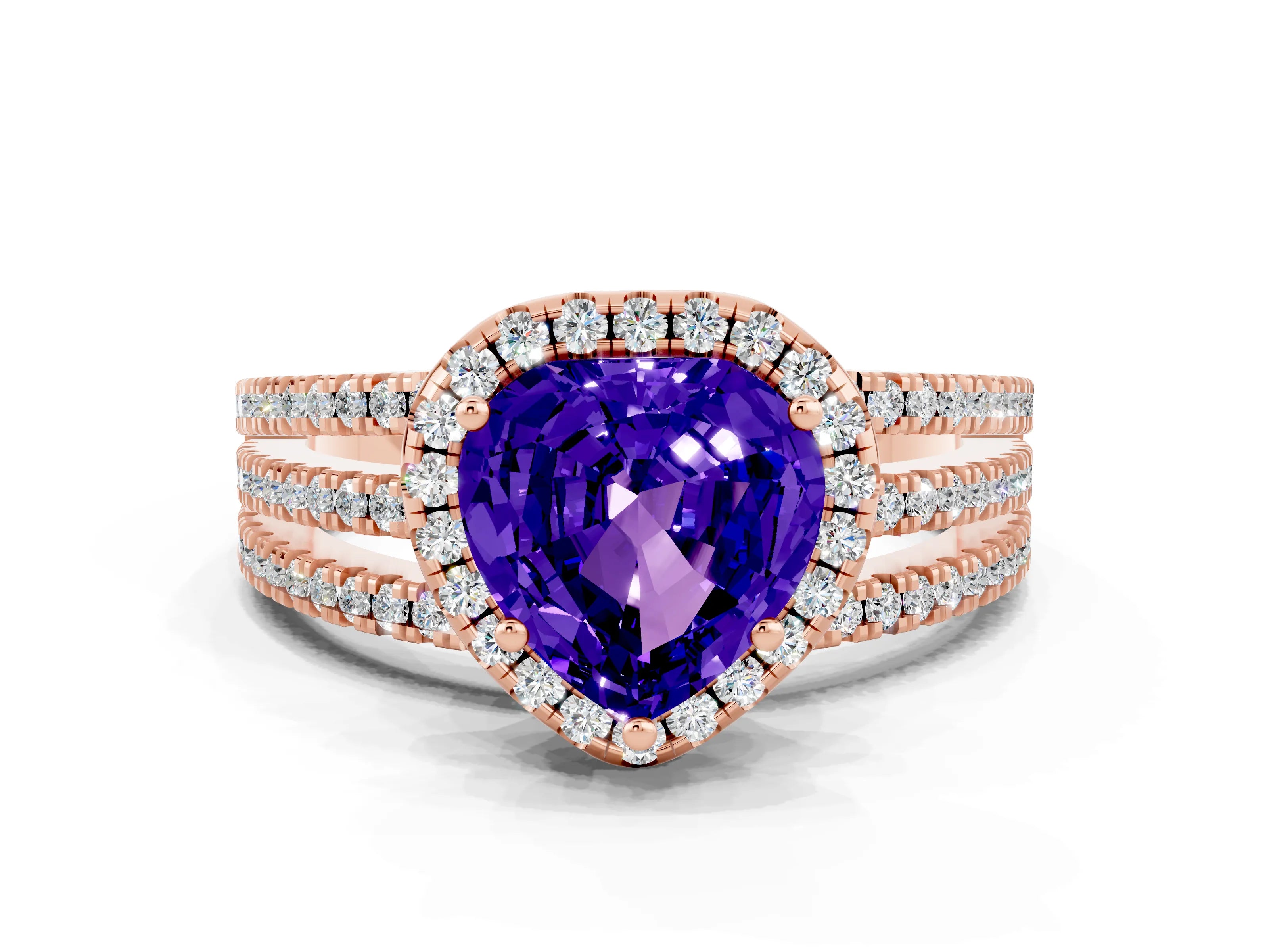 Rose gold Heart Cut Tanzanite Halo Engagement Ring with Split Shank and Four-Prong Setting