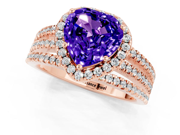 Rose gold Heart Cut Tanzanite Halo Engagement Ring with Split Shank and Four-Prong Setting