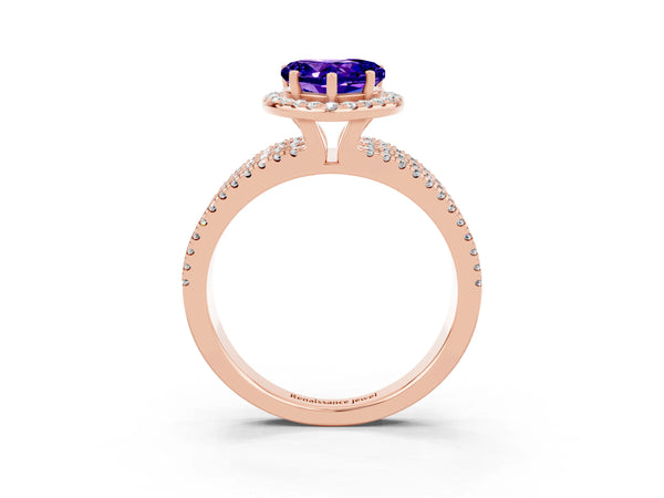 Rose gold Heart Cut Tanzanite Halo Engagement Ring with Split Shank and Four-Prong Setting